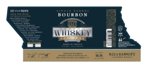 A label for a 10th Anniversary Fresno Whiskey Festival single barrel bourbon, shaped like the state of California. The label features a dark blue background with metallic silver and gold text, detailing that the whiskey is 112.6 proof, 56.3% alcohol by volume, and crafted by Rod & Hammer's in San Luis Obispo, CA. The text highlights notes of caramel, maple, and oak, with spaces provided for bottle numbering and a batch date of 10.17.2026.