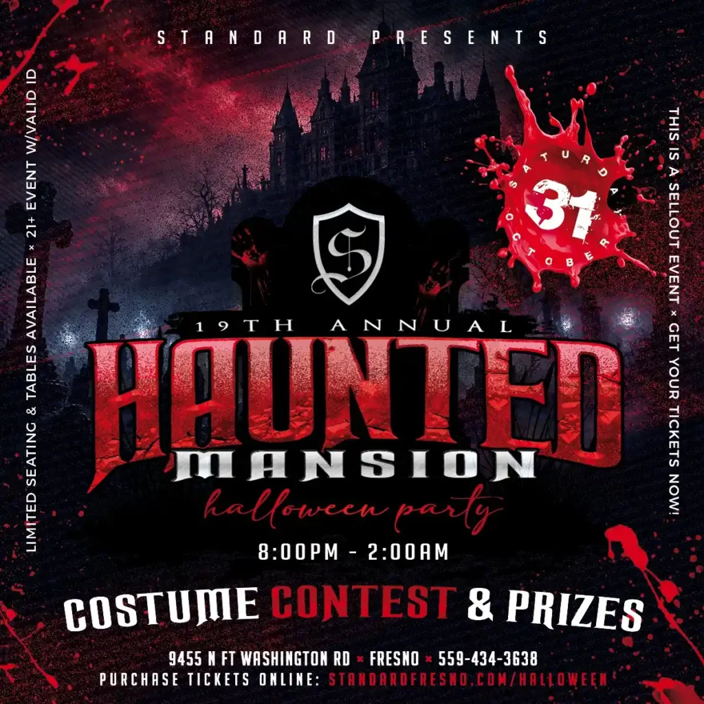 Flyer for the 19th Annual Haunted Mansion Halloween Party at The Standard in Fresno on Saturday, October 31, featuring a costume contest and prizes.