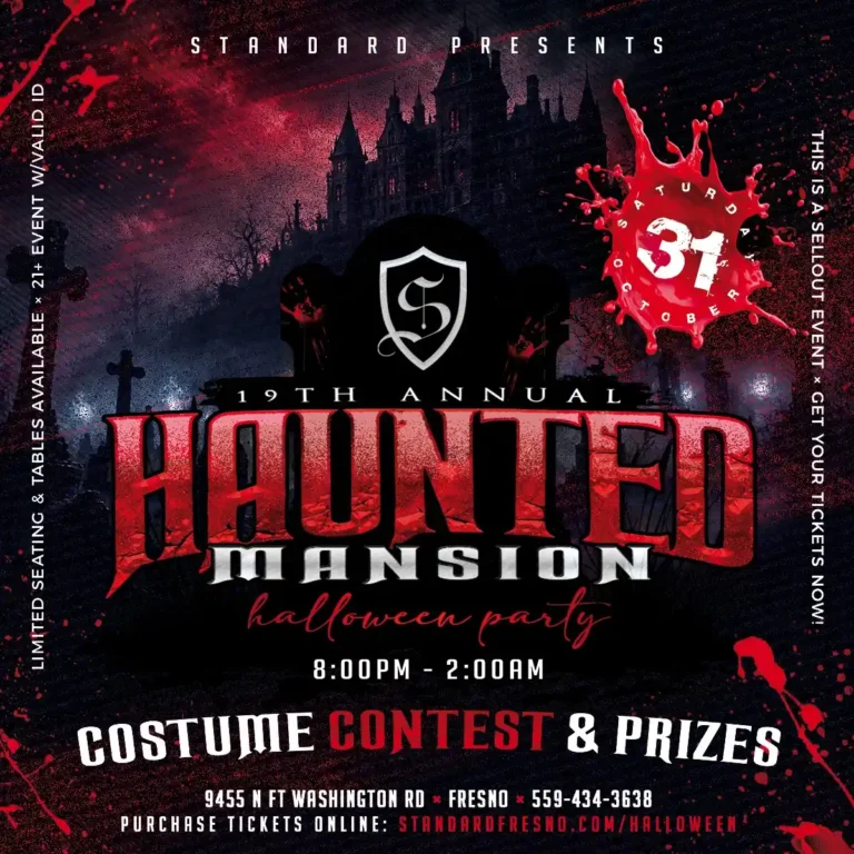 Flyer for the 19th Annual Haunted Mansion Halloween Party at The Standard in Fresno on Saturday, October 31, featuring a costume contest and prizes.