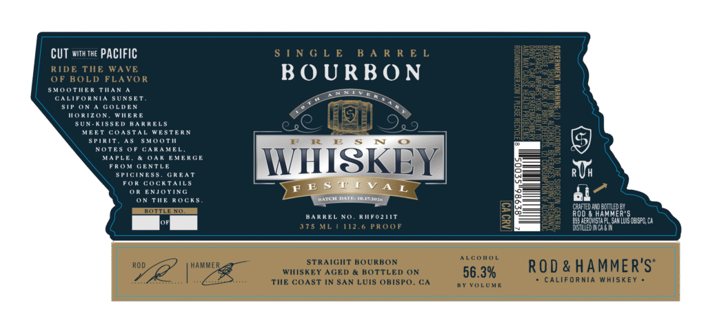 A label for a 10th Anniversary Fresno Whiskey Festival single barrel bourbon, shaped like the state of California. The label features a dark blue background with metallic silver and gold text, detailing that the whiskey is 112.6 proof, 56.3% alcohol by volume, and crafted by Rod & Hammer's in San Luis Obispo, CA. The text highlights notes of caramel, maple, and oak, with spaces provided for bottle numbering and a batch date of 10.17.2026.